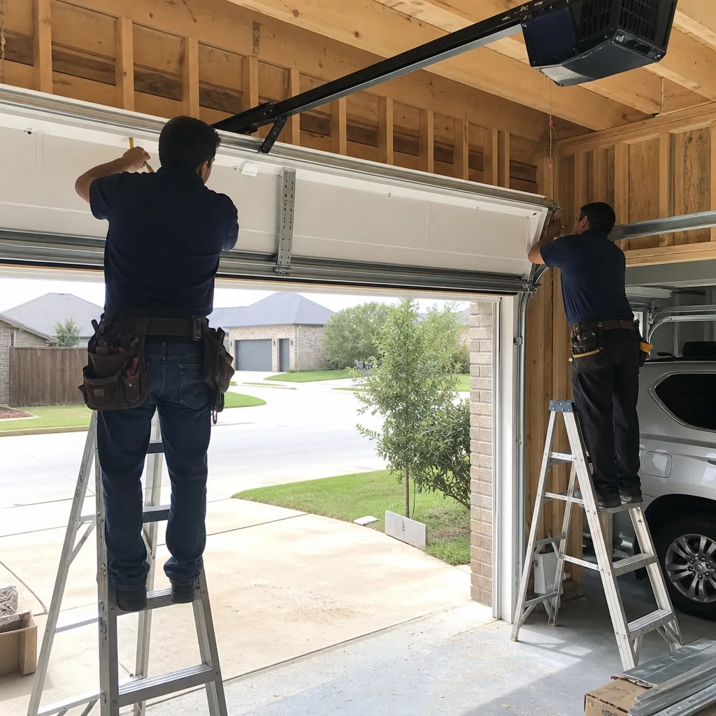 Two professional technicians installing a residential garage door from ladders.