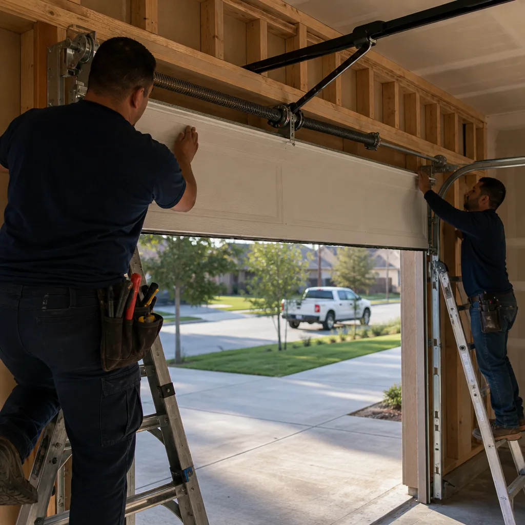 Two professional technicians performing garage door installation on residential ladders.