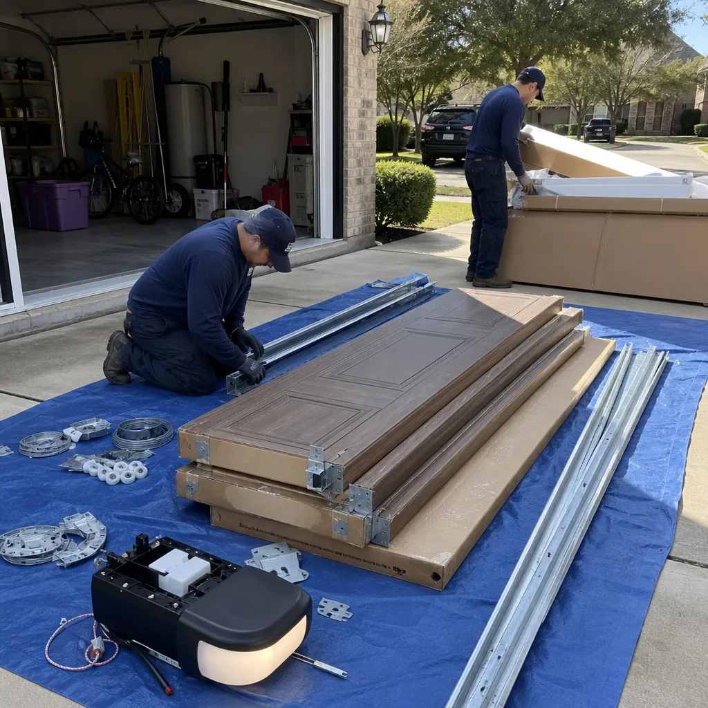 Professional technicians performing a residential garage door installation on a driveway