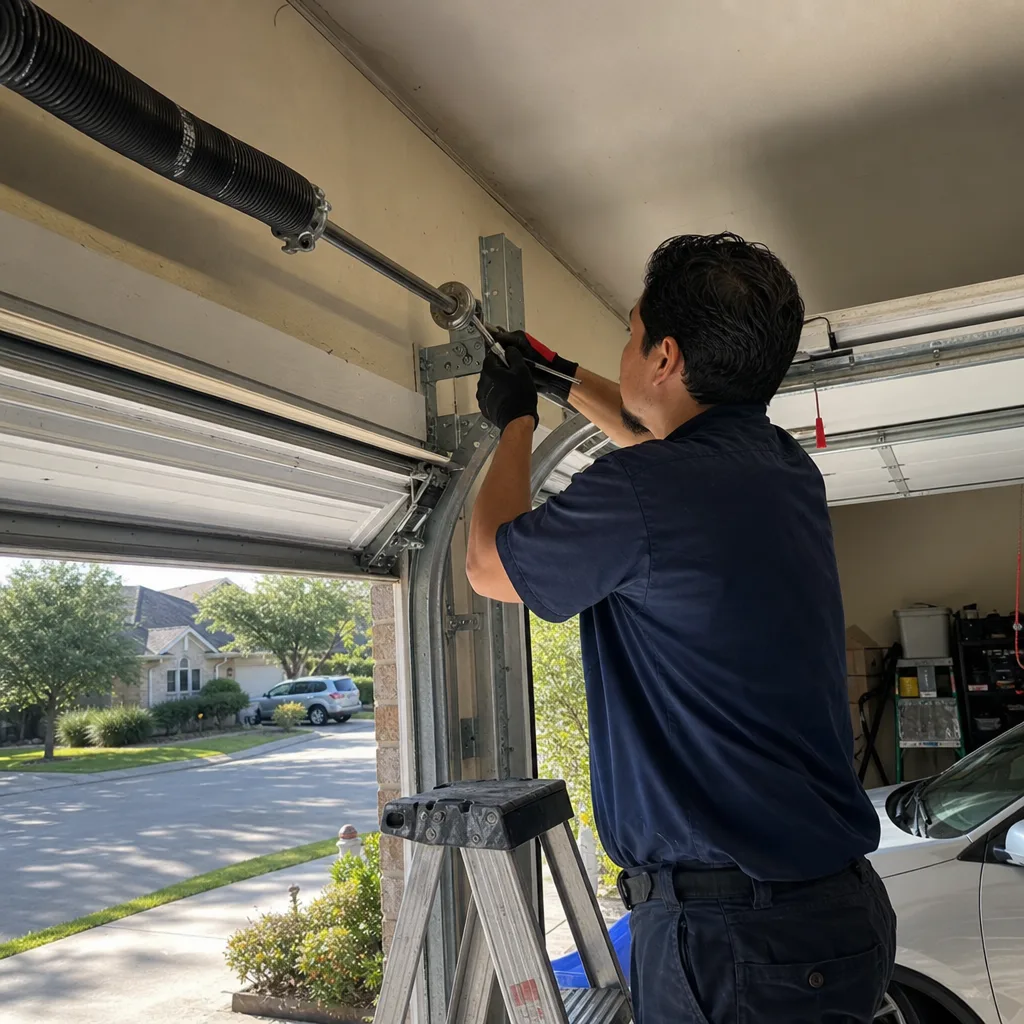Technician performing professional garage door spring repair and maintenance