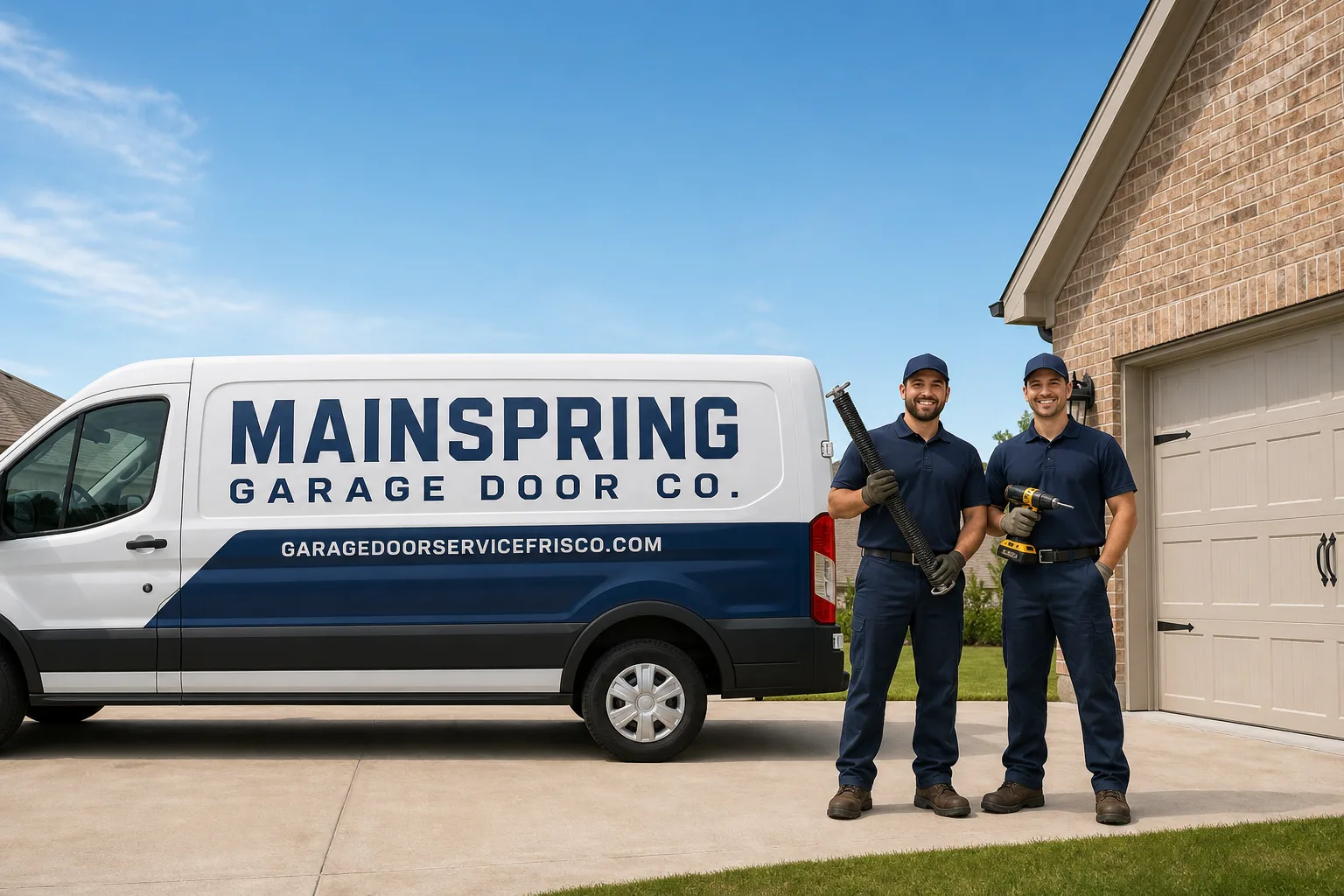 Mainspring Garage Door Co. garage door service vehicle and crew in Frisco, TX